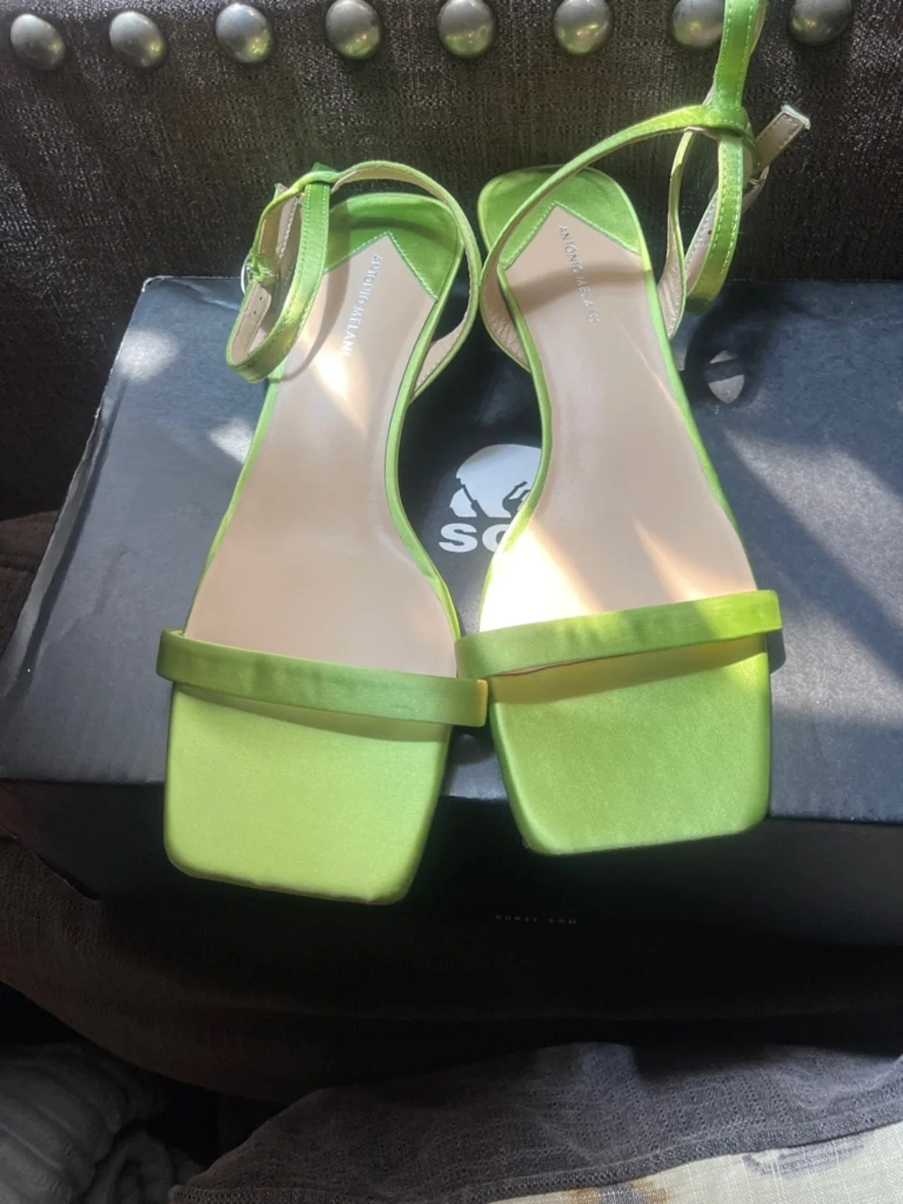 ANTONIO MELANI Lime Green Ankle-Strap Mid Heel Sandals - Picture 2 of 4